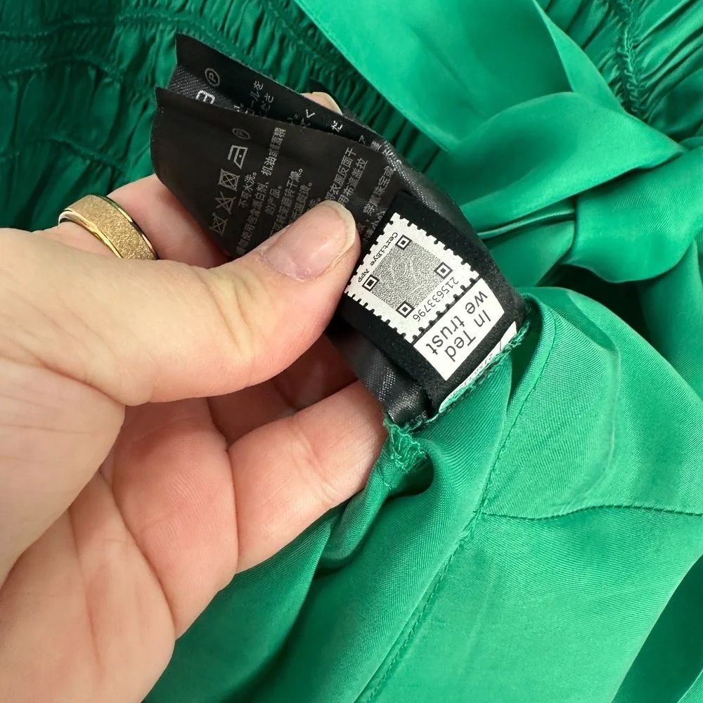 Ted Baker Green Babydoll Mini‎ Dress Womens 1 Small Vegan Silk Smocked Feminine